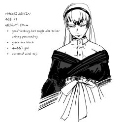  1girl akutami_gege_(style) character_age character_name character_profile english_text genderswap genderswap_(mtf) hairband hakama height highres japanese_clothes jujutsu_kaisen light_smile lipstick long_hair looking_at_viewer makeup off_shoulder s_aiiint shirt sketch solo zen'in_naoya 