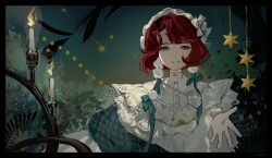  1girl black_border blue_background blue_eyes border candle commentary dress eungo fire hat highres marsha_(reverse:1999) official_alternate_costume outstretched_hand red_hair reverse:1999 solo sparkle upper_body white_dress white_hat 