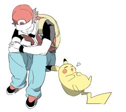 1boy backpack bag black_shirt ch_walnut closed_mouth male_focus pants pikachu pokemon pokemon_(creature) pokemon_firered_and_leafgreen puff_of_air red_(pokemon) red_vest shirt shoes short_sleeves simple_background sitting smile split_mouth t-shirt vest white_background wristband yellow_bag 