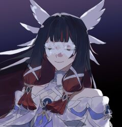  1girl bare_shoulders black_background black_hair blunt_bangs bow bowtie choker closed_eyes closed_mouth colored_inner_hair columbina_(genshin_impact) cropped_torso dress eye_mask feathered_wings floating_hair genshin_impact gradient_background gradient_hair hair_ornament hair_tubes head_wings highres long_hair long_sleeves mask multicolored_hair multiple_wings mumu_003 off-shoulder_dress off_shoulder pink_hair purple_background see-through_clothes see-through_mask sidelocks simple_background smile solo sparkle two-tone_background two-tone_hair white_bow white_bowtie white_choker white_dress white_mask wide_sleeves wings x_hair_ornament 