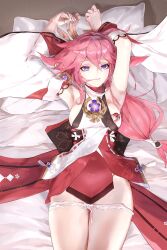  1girl armpits arms_up bed_sheet bow bow_panties breasts chinese_commentary commentary_request detached_sleeves genshin_impact gong_cha hair_ornament half-closed_eyes highres japanese_clothes large_breasts long_sleeves looking_at_viewer lying omamori on_back panties panty_pull partial_commentary pillow pink_hair sideboob smile solo underwear violet_eyes white_panties wide_sleeves yae_miko 