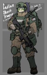  1girl absurdres arm_tattoo armor artist_name astra_militarum backpack bag bedroll black_border boots border brown_boots bulletproof_vest cadian_shock_troops greaves green_eyes gun highres kain_y kainy928749929 knee_pads lasgun optical_sight pauldrons ponytail purity_seal purple_hair rifle shoulder_armor simple_background skull sleeves_rolled_up tattoo trigger_discipline walkie-talkie warhammer_40k weapon 