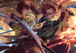  2boys belt black_hair black_jacket black_pants blue_eyes brown_hair camembert_chizuko checkered_haori commentary_request demon_slayer_uniform earrings empty_eyes hair_between_eyes hanafuda_earrings haori high_collar holding holding_sword holding_weapon jacket japanese_clothes jewelry katana kikkoumon kimetsu_no_yaiba long_hair looking_at_viewer low_ponytail male_focus multiple_boys open_mouth pants ponytail print_haori red_haori short_hair spiky_hair sword teeth tomioka_giyuu tongue weapon white_belt 