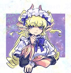 1girl 250en_remon apron blonde_hair breasts closed_mouth commentary_request dragon_girl dragon_horns dress duel_monster frilled_apron frilled_dress frilled_shirt_collar frilled_sleeves frills highres horns juliet_sleeves lady's_dragonmaid light_blush long_hair long_sleeves looking_at_viewer maid maid_apron maid_headdress puffy_sleeves solo upper_body violet_eyes yu-gi-oh! 