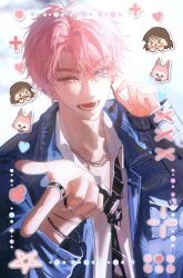  1boy absurdres aegyo_sal aqua_eyes blue_jacket chain chain_bracelet chain_necklace chibi diagonal-striped_clothes diagonal-striped_necktie earrings fukuhara_tamon highres hoop_earrings jacket jewelry l_hand looking_at_viewer lower_teeth_only mala_ban_ban_gua male_focus mole mole_under_eye multicolored_necktie necklace necktie one_eye_closed open_mouth parted_bangs pink_hair procreate_(medium) ring shirt short_hair simple_background star_(symbol) striped_clothes tamon-kun_ima_docchi teeth upper_body white_shirt 