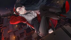  1girl aerial_fireworks architecture beret bib_collar black_hair black_pantyhose black_shoes black_skirt blue_eyes breasts button_hair_ornament chinese_commentary cityscape colored_shoe_soles crossed_legs dress_shirt earrings east_asian_architecture fireworks floating floating_hair foot_out_of_frame freeze_(867139) glasses grin hat heart heart_earrings high-waist_skirt high_heels highres holding holding_suitcase jacket jewelry lantern lin_xingzi loafers long_hair looking_to_the_side midair miniskirt moe_navigator night official_art open_clothes open_jacket pantyhose paper_lantern pencil_skirt pinstripe_pantyhose red-framed_eyewear red_hat red_jacket semi-rimless_eyewear shirt shoes single_off_shoulder skirt sky_lantern sleeves_past_wrists small_breasts smile solo suitcase under-rim_eyewear white_shirt 