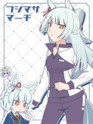 1girl animal_ears black_vest blazer blue_jacket blue_pants bob_cut braid character_name closed_mouth commentary crown_braid dress_shirt ear_ribbon flying_sweatdrops frown fujimasa_march_(umamusume) green_hair half_updo highres horse_ears horse_girl horse_tail jacket kasamatsu_tracen_training_uniform long_hair long_sleeves looking_at_viewer multiple_views necktie oguri_cap_(umamusume) outline pants red_eyes red_necktie shirt short_hair speech_bubble standing tail thought_bubble track_jacket track_pants translated umamusume umamusume:_cinderella_gray user_vwee7252 vest white_outline white_shirt 