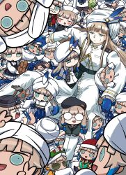  aqua_eyes baker_nemo_(fate) beret blonde_hair bread captain_nemo_(fate) captain_nemo_(santa)_(fate) chibi commentary_request engineer_nemo_(fate) fake_facial_hair fake_mustache fate/grand_order fate_(series) food gift glasses hammer hat hat_feather highres holding holding_hammer long_hair marine_nemo_(fate) marine_nemo_(santa)_(fate) nemo_(fate) noah_(fate) noah_(first_ascension)_(fate) nurse_cap nurse_nemo_(fate) otonami_sw professor_nemo_(fate) riyo_(lyomsnpmp)_(style) santa_hat sharp_teeth sunglasses sweatdrop teeth too_many turban v white_turban 