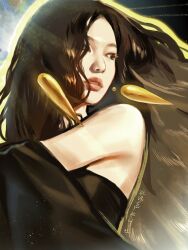  1girl aespa bare_shoulders beiyusheng black_dress black_eyeliner black_eyeshadow brown_eyes brown_hair commentary dress eyelashes eyeliner eyeshadow highres long_hair makeup ningning_(aespa) parted_lips pink_lips solo 