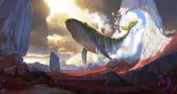 1boy absurdres clouds cloudy_sky commentary destruction english_commentary fantasy flying_whale grass highres landscape light_rays mountain original outdoors path red_grass rock scenery sin_jonghun sky very_wide_shot whale 