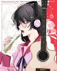  2girls aayoii_00 animal_ears bakemonogatari black_hanekawa breasts cat_ears cat_girl commentary dual_persona food glasses guitar hanekawa_tsubasa headphones highres holding holding_food instrument long_hair looking_at_viewer monogatari_(series) multiple_girls open_mouth sandwich teeth tongue violet_eyes white_hair yellow_eyes 