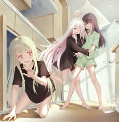  3girls absurdres barefoot black_hair blush cabinet cellphone chinese_commentary cho_kaguya-hime! closed_eyes commentary_request facing_another green_pajamas hand_on_another's_arm hand_on_another's_shoulder highres holding holding_pillow kaguya_(cho_kaguya-hime!) kneeling long_hair long_sleeves looking_at_another multiple_girls open_mouth pajamas phone pillow pink_hair red_eyes runami_yachiyo sakayori_iroha shadow short_sleeves smile standing standing_on_one_leg very_long_hair white_hair yuri yuye 