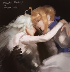  2girls absurdres armor artoria_pendragon_(fate) black_background black_gloves blonde_hair commentary crossover english_commentary fate/stay_night fate_(series) forehead-to-forehead gloves heads_together highres honkai_(series) honkai_impact_3rd kiana_kaslana long_hair multiple_girls queen_yuri.mj saber_(fate) signature white_hair yuri 