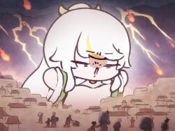  1girl blonde_streaks building chibi chinese_clothes closed_eyes crescent crescent_hair_ornament fur-trimmed_collar fur-trimmed_sleeves fur_trim genshin_impact hair_ornament high_ponytail highres lantern mikurumikurumi miyoushe_watermark multicolored_hair paper_lantern ponytail single_hair_streak sky_lantern solo streaked_hair watermark white_hair yellow_eyes zibai_(genshin_impact) 