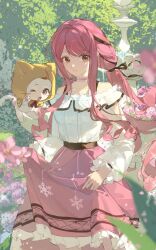  >_o 1girl absurdres ahoge animal arm_cutout belt black_belt black_ribbon bow bow_choker bowtie bra_strap brown_eyes buttons bzzzzzr cat center_frills chinese_commentary choker cloak closed_mouth clothed_animal clothing_cutout commentary_request cowboy_shot day dot_nose ear_covers flower fountain frilled_shirt frilled_skirt frilled_sleeves frills garden hair_ribbon happy highres holding_own_skirt hood hood_up hooded_cloak image_sample infinity_nikki light_particles long_hair long_sidelocks long_sleeves looking_at_viewer low_twintails medium_skirt momo_(nikki) nikki_(nikki) nikki_(series) off-shoulder_shirt off_shoulder one_eye_closed outdoors pawpads perfect_start_(infinity_nikki) pink_bow pink_bowtie pink_choker pink_flower pink_hair pink_skirt pleated_skirt print_skirt puffy_long_sleeves puffy_sleeves red_bow red_bowtie ribbon shirt sidelocks single_stripe skirt smile snowflake_print solo standing striped_choker tress_ribbon twintails very_long_hair wavy_hair whiskers white_cat white_shirt xiaohongshu_sample yellow_cloak 