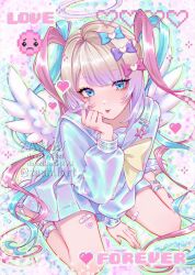  1girl :p angel_wings bandaid_on_thigh blonde_hair blue_bow blue_eyes blue_hair blue_nails blue_serafuku blue_shirt blue_shoes blue_skirt blunt_bangs bow chouzetsusaikawa_tenshi-chan commentary emoji english_commentary english_text fingernails gradient_hair hair_bow halo heart looking_at_viewer miniskirt multicolored_bow multicolored_hair multicolored_nails multiple_hair_bows needy_girl_overdose pink_bow pink_hair pink_nails pixel_heart pleading_face_emoji purple_bow quad_tails school_uniform serafuku shirt shoes sitting skirt solo tongue tongue_out wariza wings yellow_bow zashuart 
