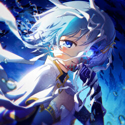  1girl absurdres bandaged_head bandages blue_collar blue_eyes blue_gloves blue_hair blue_shirt cape chinese_commentary collar collared_cape commentary_request crying crying_with_eyes_open detached_collar diamond_print elbow_gloves floating_hair fortissimo frilled_shirt frills gloves glowing glowing_eye hair_ornament hairclip hand_on_own_cheek hand_on_own_face high_collar highres magical_girl mahou_shoujo_madoka_magica mahou_shoujo_madoka_magica:_walpurgis_no_kaiten miki_sayaka musical_note musical_note_hair_ornament parted_lips print_shirt sad sad_smile scales school_of_fish shenhai_hebaodan shirt short_hair solo strapless strapless_shirt streaming_tears teardrop tears transformation underwater upper_body water_drop white_cape 