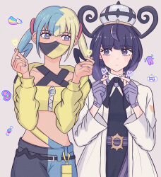  2girls bandeau belt belt_buckle black_dress black_hair black_pants blonde_hair blue_hair blue_nails blue_pants blunt_bangs blush bob_cut buckle canari_(pokemon) closed_mouth coat commentary_request cropped_jacket dark-skinned_female dark_skin double_finger_heart dress finger_heart gloves gwynn_(pokemon) hat heart highres jacket long_sleeves looking_at_another mask mouth_mask multicolored_hair multicolored_nails multiple_girls o-ring o-ring_belt open_clothes open_coat pants partially_fingerless_gloves pokemon pokemon_legends:_z-a purple_gloves purple_hair short_hair sleepy_(ggvv5882) split-color_clothes split-color_hair twintails two-tone_nails two-tone_pants violet_eyes white_coat yellow_bandeau yellow_jacket yellow_nails 