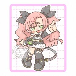  1girl amillion_(zenless_zone_zero) bangboo_(zenless_zone_zero) black_boots black_ribbon boots breasts chibi chibi_only crop_top green_eyes hair_ornament hair_ribbon hairclip lilychosu long_hair looking_at_viewer mole mole_on_breast nicole_demara open_mouth pink_hair ribbon shorts smile solo zenless_zone_zero 