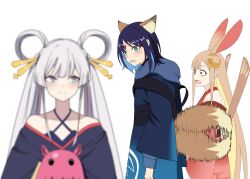  3girls animal_ears bare_shoulders black_hair black_kimono blonde_hair blue_eyes blue_hair blue_hoodie blue_kimono blurry blurry_foreground blush cho_kaguya-hime! commentary constricted_pupils crescent crescent_hair_ornament depth_of_field distracted_boyfriend_(meme) drooling forehead_jewel fox_ears fox_tail green_eyes hair_ornament hair_rings hair_stick halterneck highres hood hoodie japanese_clothes kaguya_(cho_kaguya-hime!) kimono long_hair long_sleeves looking_at_another meme multicolored_hair multiple_girls oldgreen148180 open_mouth pink_hair rabbit_ears red_kimono runami_yachiyo sakayori_iroha short_hair smile tail tail_wagging twintails two-tone_hair untranslatable_commentary upper_body very_long_hair violet_eyes white_background white_hair yuri 