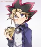  1boy bangs black_hair blonde_hair blush commentary dated grey_background highres ing&#039;yeo_soyeo male_focus millennium_puzzle multicolored_hair mutou_yuugi redhead short_hair smile solo spiky_hair takahashi_kazuki_(person) twitter_username upper_body yu-gi-oh! yu-gi-oh!_duel_monsters 
