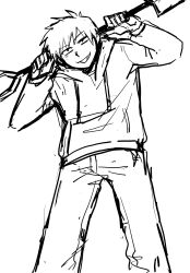  1boy animification antenna_hair commentary_request cowboy_shot drawstring edd_(eddsworld) eddsworld greyscale grin hair_behind_ear highres holding holding_shovel hood hood_down hoodie jitome long_sleeves looking_at_viewer male_focus monochrome pants rainbowmisosoup short_hair shovel simple_background sketch smile smug solo swept_bangs white_background 