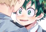  2boys bakugou_katsuki blonde_hair boku_no_hero_academia collared_shirt commentary_request crying crying_with_eyes_open freckles green_eyes green_hair happy_tears looking_at_another male_focus midoriya_izuku morino_(ktdk_0141) multiple_boys open_mouth school_uniform shirt short_hair smile tears u.a._school_uniform white_background 