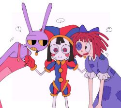  ... 1boy 2girls :i ? animal_ears black_hair blue_bow blue_dress blue_eyes blue_hat bow button_eyes buttons clothes_pull colored_sclera colored_skin colored_teeth commentary dress furry furry_male hair_bow hat highres jax_(the_amazing_digital_circus) jester_cap mni9i0 multicolored_eyes multiple_girls overalls pink_overalls pomni_(the_amazing_digital_circus) rabbit_boy rabbit_ears ragatha_(the_amazing_digital_circus) red_eyes red_hair red_hat short_hair small_sweatdrop spoken_ellipsis spoken_question_mark the_amazing_digital_circus two-tone_eyes two-tone_hat white_skin yellow_sclera yellow_teeth 