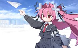  1girl armband asakura_moyu collared_shirt commentary_request cross_hair_ornament day eezee56 hair_intakes hair_ornament hair_ribbon highres long_hair long_sleeves looking_ahead moeken necktie on_rooftop outstretched_arm paper_airplane pink_hair red_eyes ribbon rooftop school_rooftop school_uniform shirt skirt sky smile solo twintails very_long_hair 