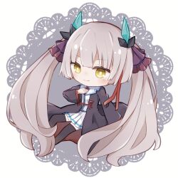  1girl black_robe black_thighhighs blunt_bangs blunt_ends bright_pupils brown_hair chibi chibi_only commentary fake_horns full_body grey_background hair_ribbon hand_on_own_chest hand_up heaven_burns_red highres hime_cut horns invisible_chair long_hair long_sleeves miniskirt neck_ribbon ogasahara_hisame open_clothes open_robe pleated_skirt purple_ribbon red_ribbon ribbon riimia robe shirt sidelocks simple_background sitting skirt solo thigh-highs twintails two-tone_background very_long_hair white_background white_pupils white_shirt white_skirt wide_sleeves yellow_eyes zettai_ryouiki 