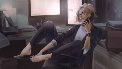  1girl adawongsgirlie blonde_hair box chair computer desk glasses grace_ashcroft highres holding holding_shoes holding_unworn_clothes monitor office_chair parted_lips removing_shoes resident_evil resident_evil_requiem shoes short_hair single_shoe sitting smile solo swivel_chair unworn_shoes watch watch 