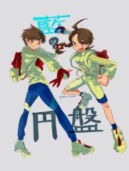  1boy 1girl :d bag blue_pants blueberry_academy_school_uniform braid brown_eyes brown_hair florian_(pokemon) full_body gloves grey_background highres holding holding_poke_ball jacket juliana_(pokemon) long_sleeves looking_at_viewer neckerchief open_mouth pants poke_ball pokemon pokemon_scarlet_and_violet red_gloves red_neckerchief school_uniform shoes shorts simple_background single_glove smile standing white_bag white_jacket white_shoes white_shorts zs_(zero_sickkkzs) 