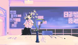  1girl absurdres black_hair black_pants classroom flower highres holding holding_flower indoors original pants short_sleeves solo table tkdoodle vase 