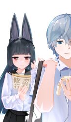  1boy 1girl absurdres animal_ear_fluff animal_ears bag black_hair black_skirt closed_mouth commentary_request crossed_bangs earphones fox_ears fox_girl green_eyes grey_hair hair_between_eyes hakumai130 highres holding holding_bag holding_paper hoshimi_miyabi long_hair paper red_eyes school_uniform shirt short_hair simple_background skirt smile white_background white_shirt wise_(zenless_zone_zero) zenless_zone_zero 