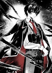  1boy absurdres belt black_belt black_coat black_eyes black_hair black_pants black_vest closed_mouth coat coat_on_shoulders collared_shirt cowboy_shot highres knife_sheath limbus_company lingdu_hongcha long_sleeves looking_at_viewer male_focus monochrome necktie pants partially_shaded_face project_moon red_necktie screentones sheath sheathed shirt short_hair solo spot_color vest white_shirt wing_collar yi_sang_(project_moon) 