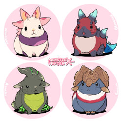  astalos circle commentary_request creature creature_focus fusion gammoth glavenus highres horns ikuchi_osutega lop_rabbit mizutsune monster_hunter_(series) monster_hunter_x multicolored_fur neck_fur no_humans open_mouth rabbit simple_background spikes whiskers 