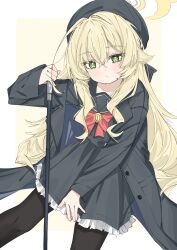  1girl beret black_coat black_hat black_pantyhose black_sailor_collar black_serafuku blonde_hair blue_archive blush bow bowtie cane coat commentary_request fluffy_hair green_eyes halo hat highres holding holding_cane long_hair pantyhose professor_niyaniya_(blue_archive) red_bow red_bowtie sailor_collar school_uniform serafuku side_ahoge simple_background solo wasabi_koharu yellow_halo 