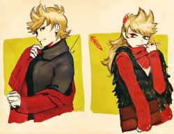  1boy 1girl alternate_costume animification antenna_hair bag black_eyes black_sweater black_vest brown_hair character_and_genderswap clutch_purse cropped_torso eddsworld eyeshadow flipped_hair genderswap genderswap_(mtf) hair_behind_ear hair_bobbles hair_ears hair_ornament hand_up handbag holding holding_bag long_hair long_sleeves makeup marker_(medium) profile rabbitsoups red_eyeshadow red_sweater short_hair sweater third-party_source tongue tongue_out tord_(eddsworld) tori_(eddsworld) traditional_media turtleneck turtleneck_sweater vest 