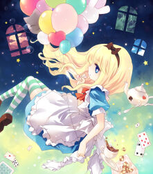  1girl alice's_adventures_in_wonderland alice_(alice_in_wonderland) animal_balloon apron balloon blonde_hair blue_eyes brown_shoes card coffee cookie food heart_balloon holding lilith_(lilithchan) long_hair looking_at_viewer playing_card profile puffy_short_sleeves puffy_sleeves rabbit_balloon shoes short_sleeves solo speech_bubble striped_clothes striped_thighhighs teapot thigh-highs white_apron window 