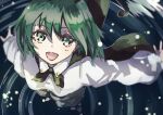  1girl antennae cape collared_shirt commentary_request fielder_1111 film_grain fireflies from_above green_hair highres long_sleeves looking_at_viewer looking_up one-hour_drawing_challenge open_mouth outstretched_arms ripples shirt short_hair smile solo touhou water wriggle_nightbug 