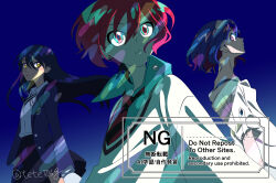  1boy 2girls amate_yuzuriha aqua_eyes aqua_shirt black_hair blue_hair closed_mouth collared_shirt colored_inner_hair gundam gundam_gquuuuuux highres jacket long_hair long_sleeves looking_at_another multicolored_hair multiple_girls necktie nyaan_(gundam_gquuuuuux) open_mouth purple_hair red_eyes red_hair school_uniform shirt short_hair shuji_ito skirt sweater tete06g two-tone_hair upper_body white_shirt yellow_eyes 