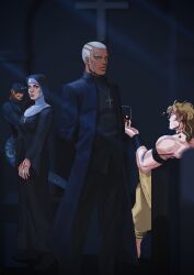  1girl 3boys birthmark blonde_hair closed_mouth commentary_request cross cross_necklace dark-skinned_male dark_skin denisefanta diego_brando dio_brando enrico_pucci grey_hair highres hot_pants_(sbr) jewelry joestar_birthmark jojo_no_kimyou_na_bouken multiple_boys necklace nun nun_headdress priest sitting steel_ball_run stone_ocean topless_male 