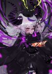 1girl absurdres bird blush crow grey_hair grin highres hololive horns la+_darknesss long_hair looking_at_viewer mont_blanca multicolored_hair purple_hair smile solo two-tone_hair very_long_hair virtual_youtuber yellow_eyes 