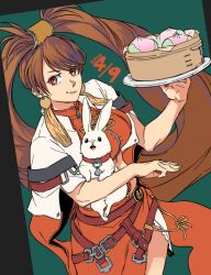  1girl belt breasts brown_eyes brown_hair chinese_clothes commentary crop_top earrings food guilty_gear guilty_gear_strive hair_ornament holding holding_plate jacket jewelry kuradoberi_jam long_hair mmmaaaa_22 multiple_belts open_clothes open_jacket plate rabbit red_skirt side_slit skirt smile tassel tassel_earrings usagi_(guilty_gear) very_long_hair 