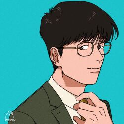  1boy adjusting_clothes adjusting_necktie aqua_background artist_name black_hair brown-framed_eyewear brown_eyes brown_necktie closed_mouth collared_shirt commentary_request dress_shirt formal_clothes glasses grey_jacket jacket kirintan lapels looking_at_viewer looking_to_the_side male_focus necktie nose nose_pads notched_lapels original portrait shirt short_hair signature solo suit suit_jacket white_shirt 
