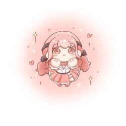  1girl :< black_bow black_ribbon bow brown_eyes chibi chinese_commentary circle_skirt closed_mouth commentary_request frilled_shirt frilled_skirt frilled_sleeves frills from_above frown hair_bow hair_ribbon hands_on_own_cheeks hands_on_own_face heart hexagram highres infinity_nikki iwillneverchange jewelry layered_skirt light_blush long_hair long_sleeves low_twintails medium_skirt necklace nikki_(nikki) nikki_(series) off-shoulder_shirt off_shoulder perfect_start_(infinity_nikki) pink_background pink_hair pink_shoes pink_skirt pleated_skirt puffy_long_sleeves puffy_sleeves ribbon shirt shoes skirt socks solo sparkle standing star_(symbol) star_necklace straight-on tareme tress_ribbon twintails two-tone_background very_long_hair white_background white_shirt white_skirt white_socks 