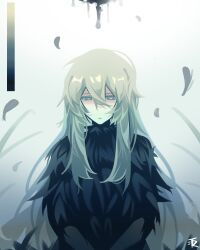  1girl absurdres angela_(project_moon) black_dress blue_hair castlwhite closed_mouth downturned_eyes dress feather_dress feathers fur-trimmed_dress fur_trim hair_between_eyes highres library_of_ruina long_hair pale_skin project_moon solo turtle turtleneck turtleneck_dress upper_body white_background 