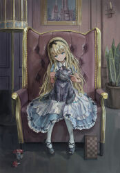  1girl absurdres alice's_adventures_in_wonderland alice_(alice_in_wonderland) animal_on_lap apron black_bow black_hairband black_shoes blonde_hair blue_dress blue_eyes bow bow_hairband cat chair cheek_pinching cheshire_cat_(alice_in_wonderland) collared_dress contrast_collar dress dress_bow full_body hair_bow hairband head_tilt highres indoors katamimi123 long_hair looking_at_viewer on_chair on_lap pantyhose pinching revision rounded_collar shoes short_sleeves sitting solo very_long_hair white_apron white_pantyhose 
