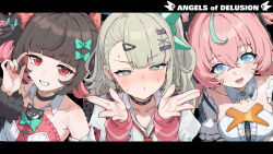  3girls angels_of_delusion aria_(zenless_zone_zero) arm_warmers bare_shoulders black_hair blush bow colored_inner_hair commentary_request dress embarrassed green_bow green_eyes green_hair hair_ornament highres kiss looking_at_viewer multicolored_hair multiple_girls nangong_yu necktie open_mouth pink_hair red_eyes shirt smile striped_arm_warmers sunna_(zenless_zone_zero) twintails white_dress white_shirt white_wings wings yucblossom zenless_zone_zero 