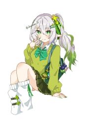  1girl alternate_breast_size_(larger) alternate_costume aranara_(genshin_impact) arm_at_side arm_support bag blush bow bowtie breasts chimoreee_66 closed_mouth collared_shirt commentary_request contemporary cross-shaped_pupils earrings eyelashes fingernails genshin_impact gold_trim green_bag green_bow green_bowtie green_eyes green_hair green_nails green_pupils green_skirt green_sweater hair_bow hair_ornament hairclip hand_up heart heart_earrings heart_hair_ornament highres jewelry large_bow leg_belt leg_warmers long_hair looking_at_viewer medium_breasts multicolored_hair multiple_rings nahida_(genshin_impact) open_collar pleated_skirt pointy_ears ring scaramouche_(cat)_(genshin_impact) scaramouche_(genshin_impact) school_uniform sharp_fingernails shirt shoulder_bag side_ponytail sidelocks sitting skirt smile solo split_mouth streaked_hair stuffed_animal stuffed_toy sweater symbol-shaped_pupils tsurime twitter_username undershirt white_background white_hair white_leg_warmers white_shirt 